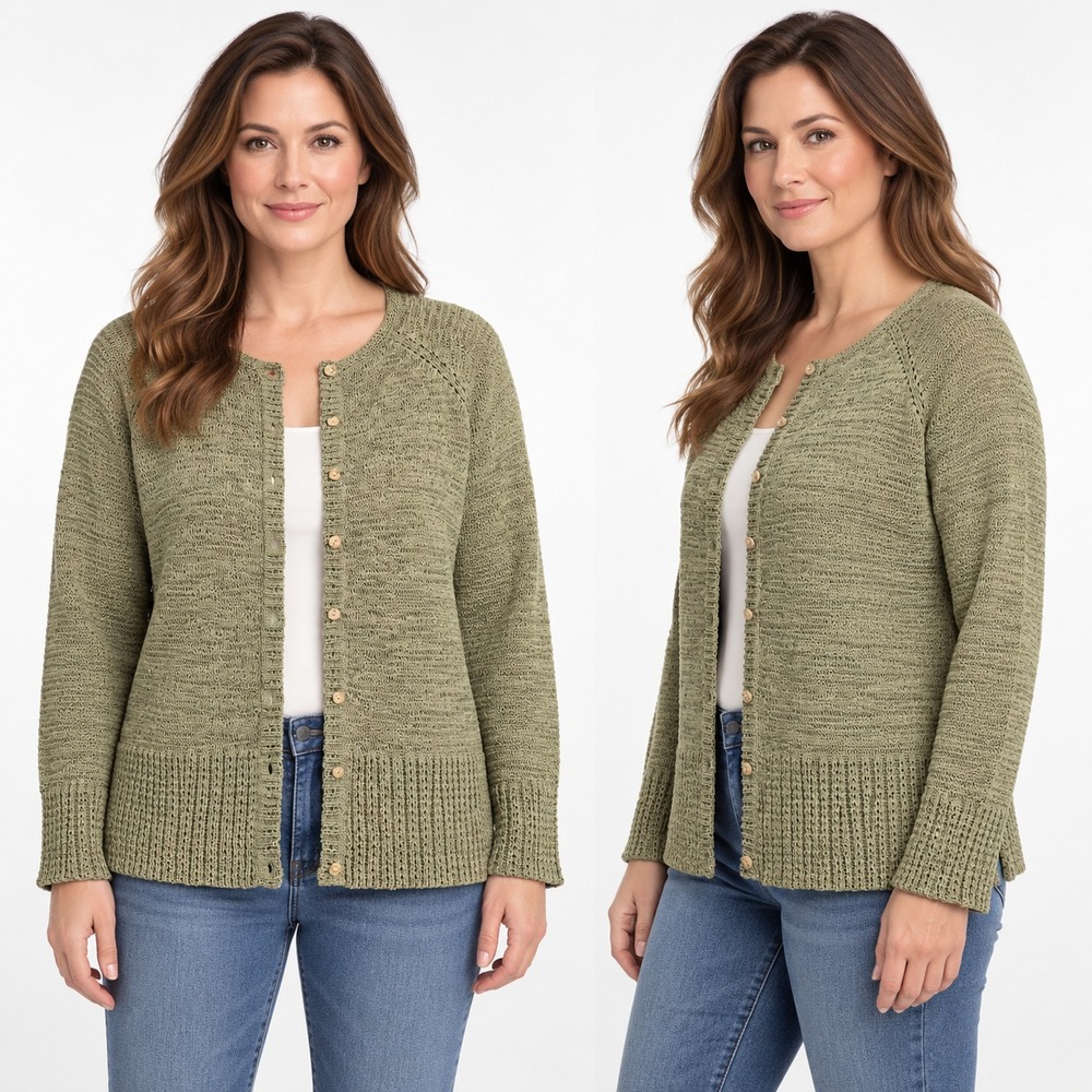 Coldwater Creek Cardigan Sweater Large L Green Open Knit Button Cotton Blend